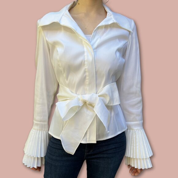 VTG Cache White Ruffle Fan Sleeve Button-Down Shirt w/ Waist Bow Tie Belt Sz 10 - Picture 3 of 6